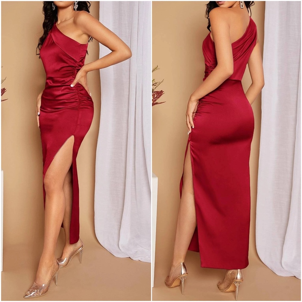 Luxe One Shoulder Satin Formal Evening party Dress - Picture 6 of 8